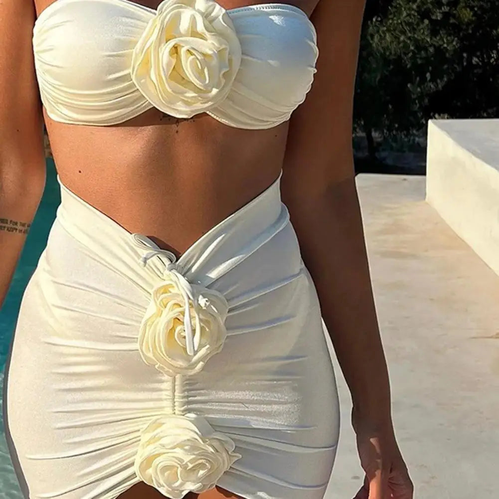 Rose Flower Decor Halter Overskirt Swimsuit