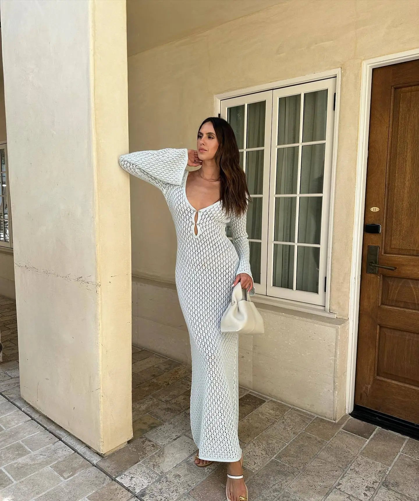 Long Knit Backless V-Neck Bikini Cover-Ups Dress
