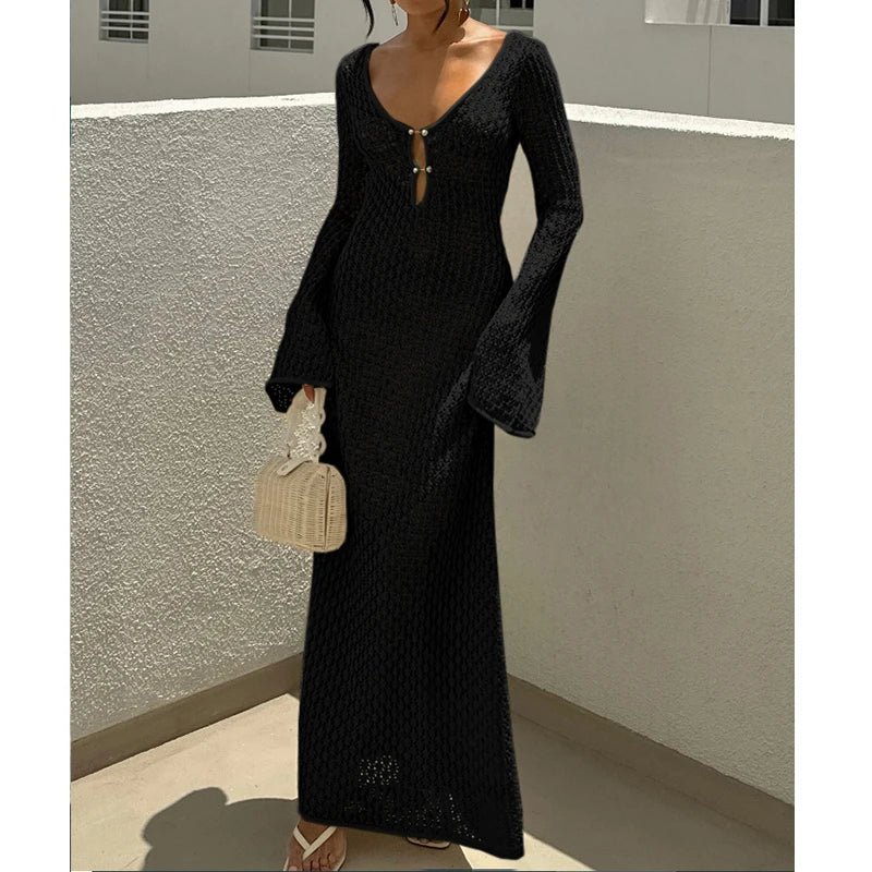 Long Sleeve V-Neck Knitting Cover-Up Dress
