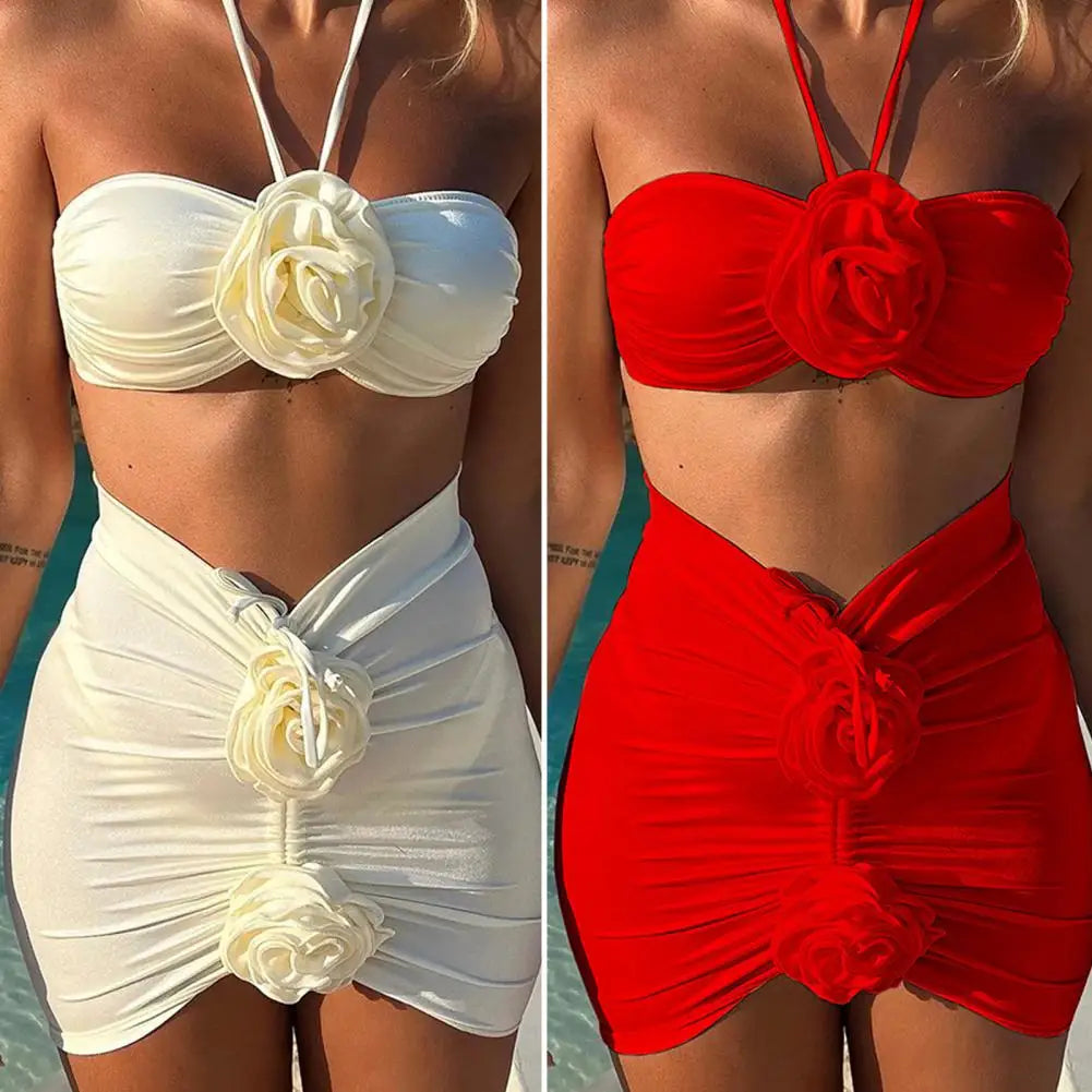 Rose Flower Decor Halter Overskirt Swimsuit