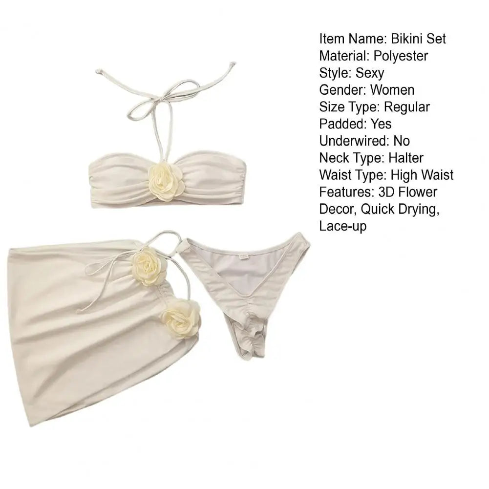 Rose Flower Decor Halter Overskirt Swimsuit