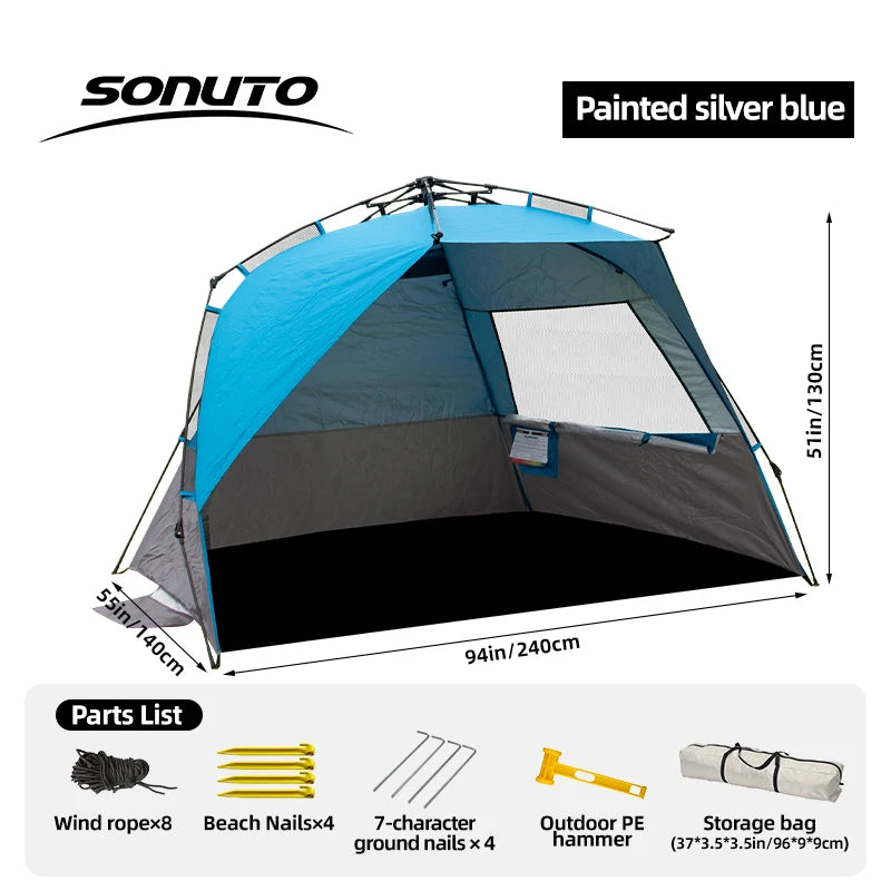 Outdoor 3-4P One-Touch Camping Tent Quick Automatic Opening Beach Fishing Tent Family Travel Picnic Park Anti-UV Shade