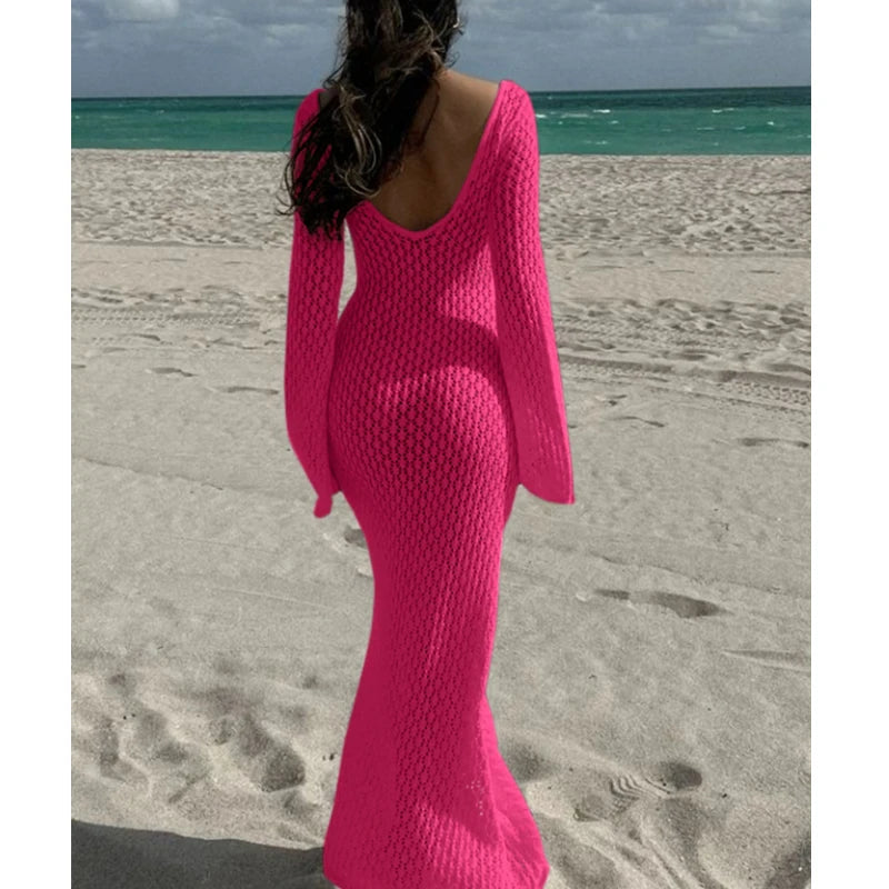 Long Sleeve V-Neck Knitting Cover-Up Dress