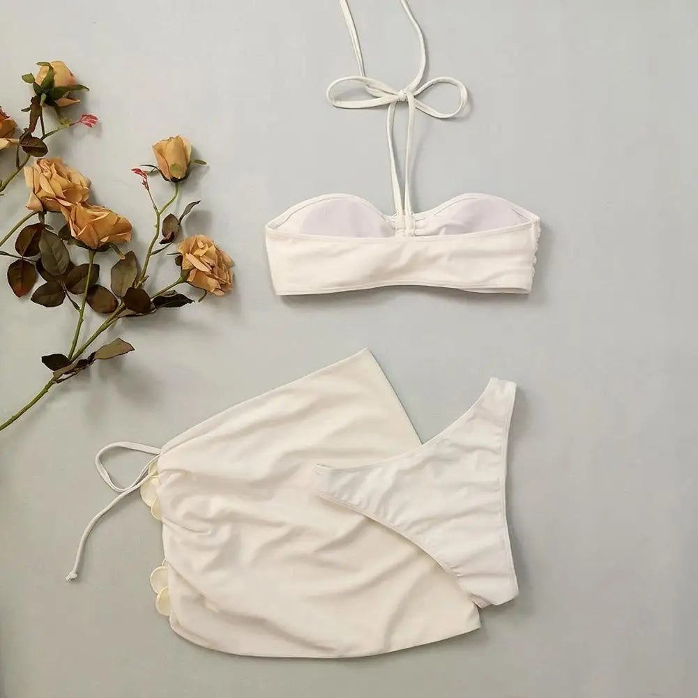 Rose Flower Decor Halter Overskirt Swimsuit
