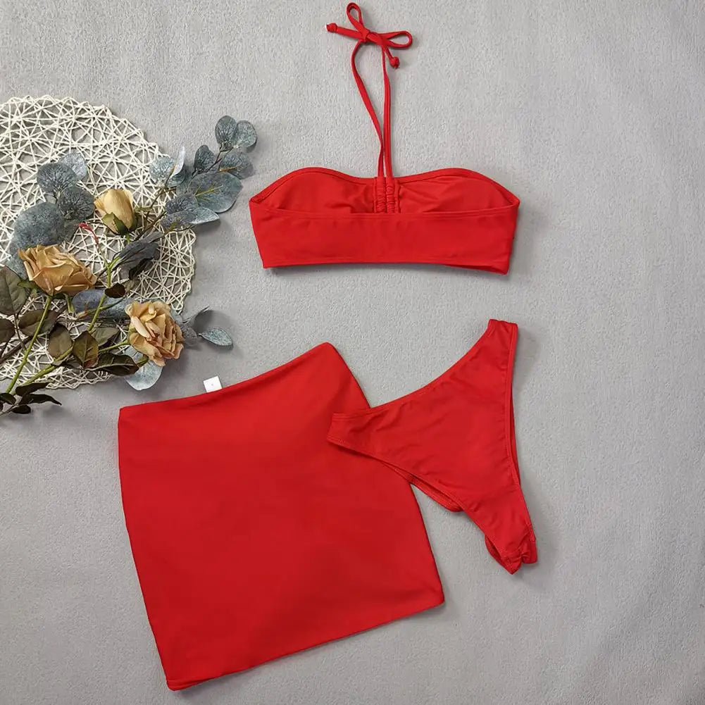 Rose Flower Decor Halter Overskirt Swimsuit