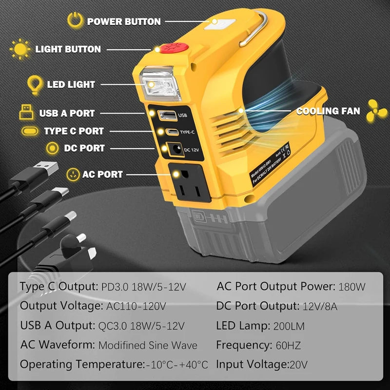 180W Battery Adapter for Dewalt 20V Li-ion Battery with USB&Type-C Fast Charging DC 20V To AC  Power Charger 110V/220V Inverter