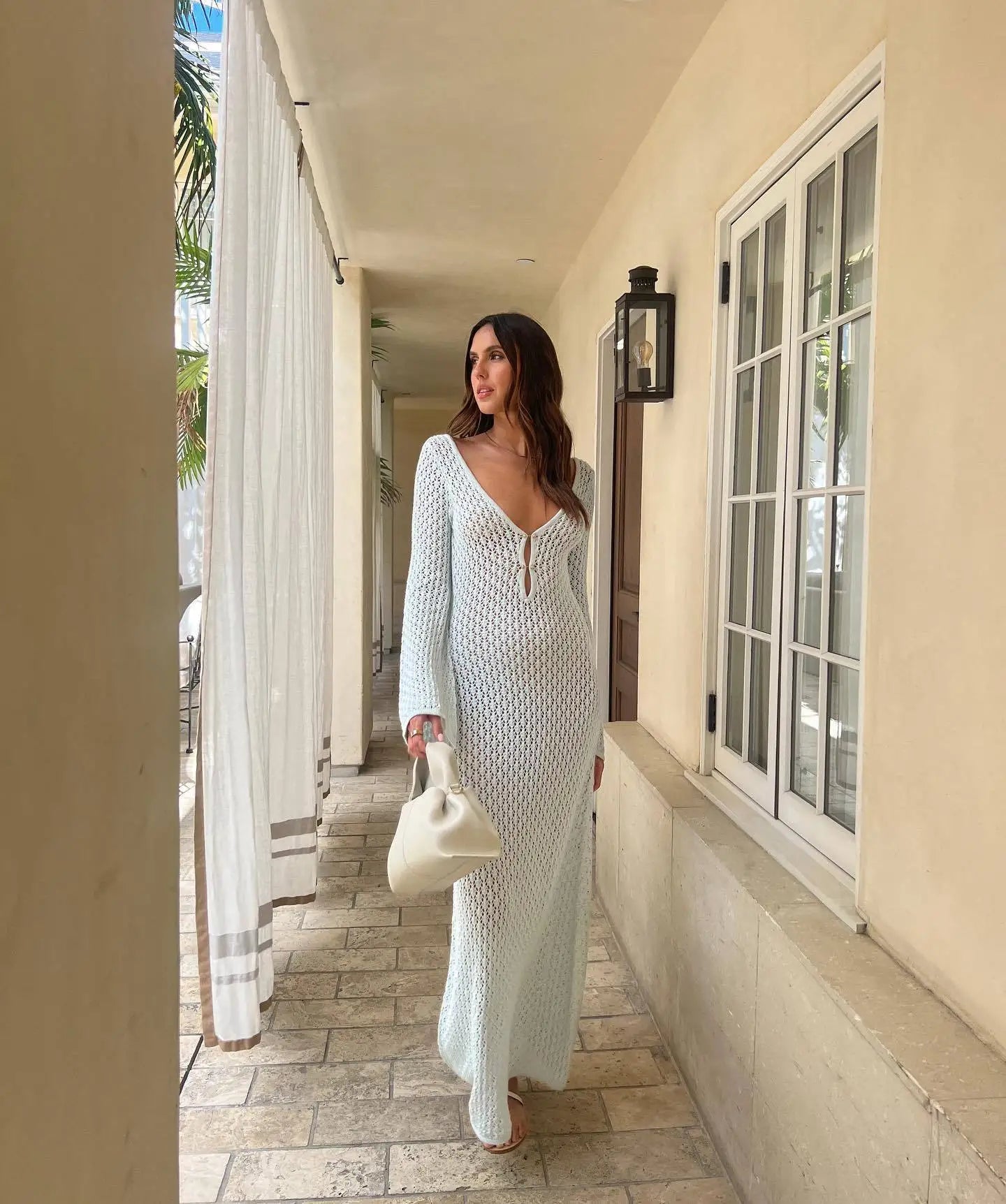 Long Knit Backless V-Neck Bikini Cover-Ups Dress
