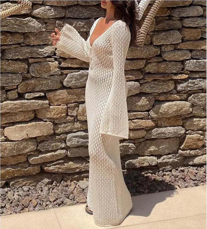 Long Knit Backless V-Neck Bikini Cover-Ups Dress