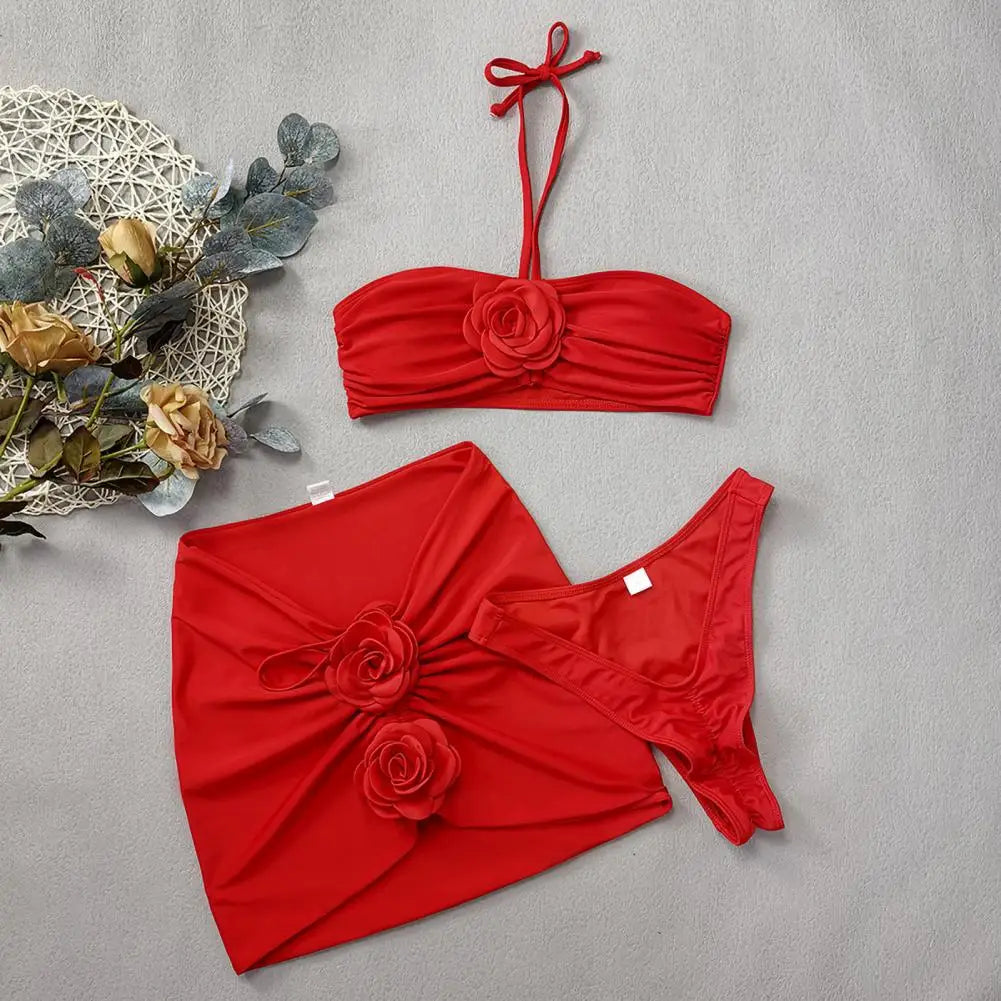 Rose Flower Decor Halter Overskirt Swimsuit