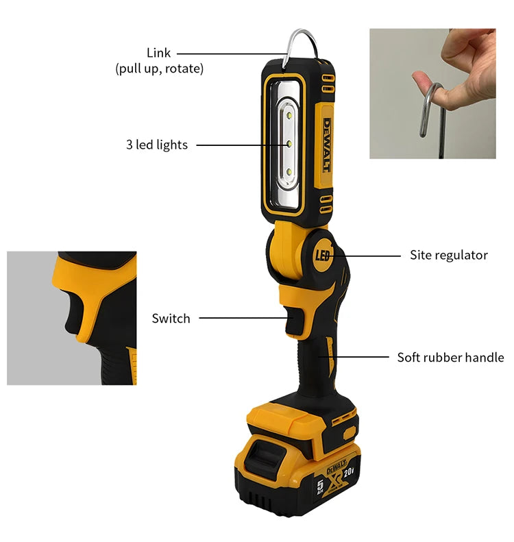 Dewalt LED Lighting Work Light Flashlight 90 Degree Foldable 20V Battery Household Handheld Multifunctional Emergency Light
