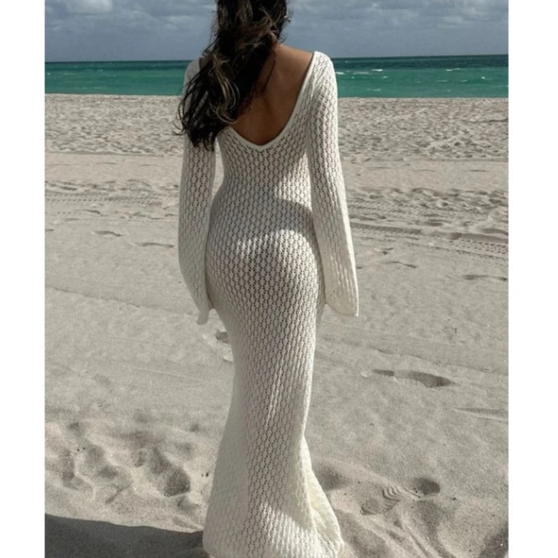 Long Sleeve V-Neck Knitting Cover-Up Dress