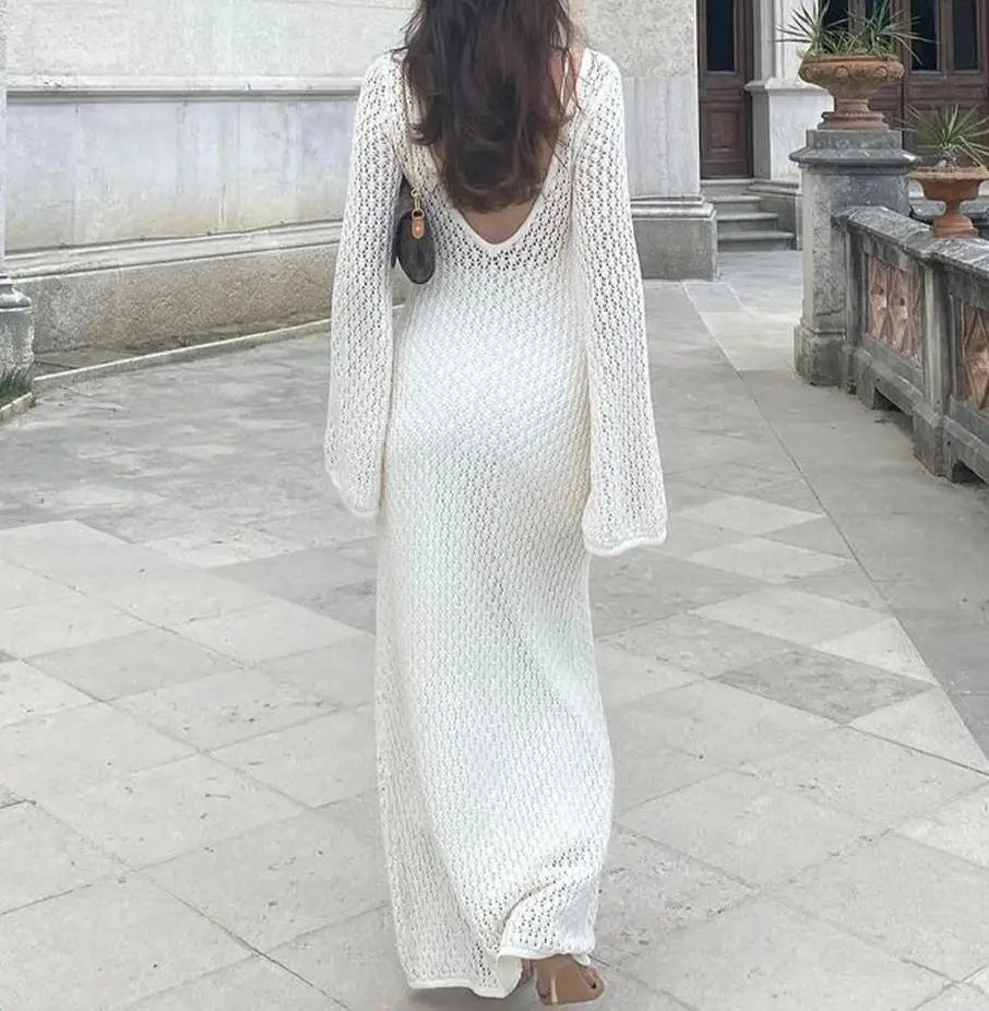 Long Knit Backless V-Neck Bikini Cover-Ups Dress