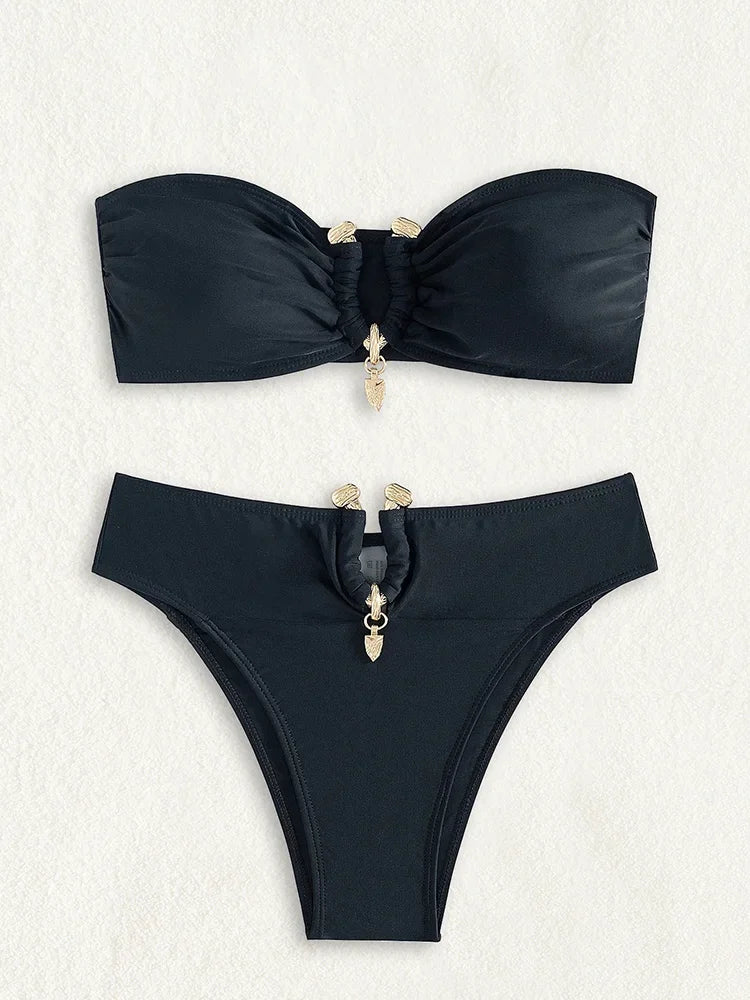 Strapless Solid Split High Waist Swimsuit
