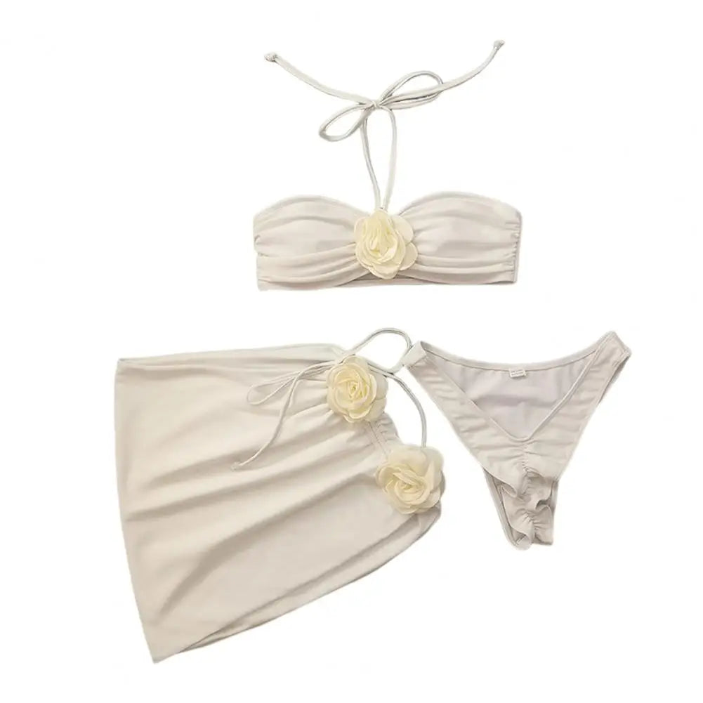 Rose Flower Decor Halter Overskirt Swimsuit