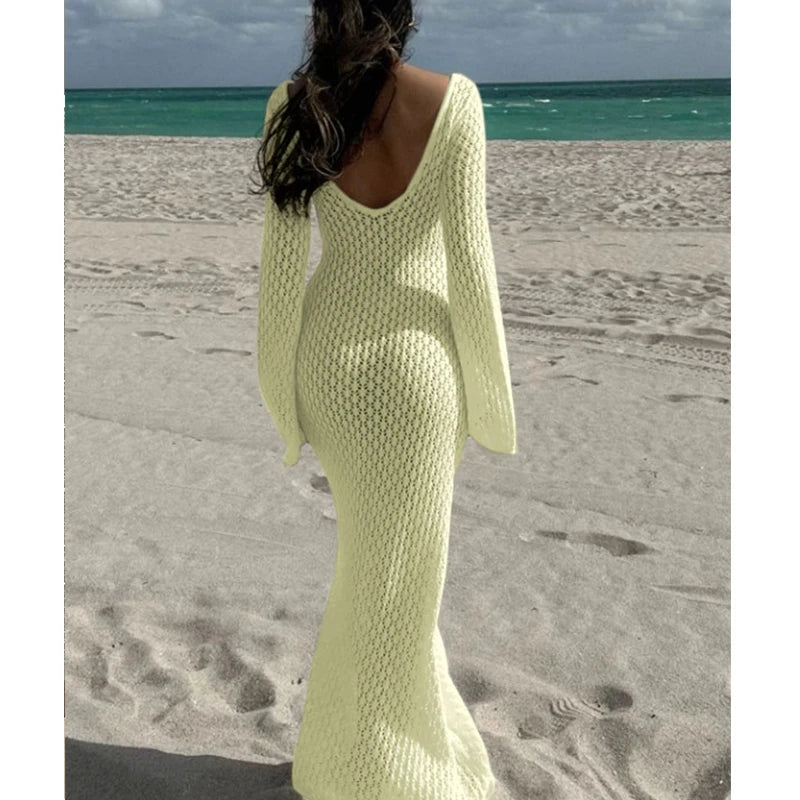 Long Sleeve V-Neck Knitting Cover-Up Dress