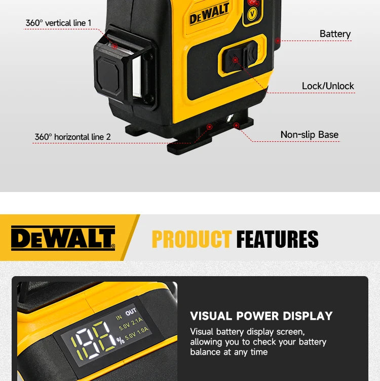 Dewalt 4D 16 Lines Laser Level 360° Horizontal And Vertical Cross Green Light Automatic Self-Leveling Professional Electric Tool
