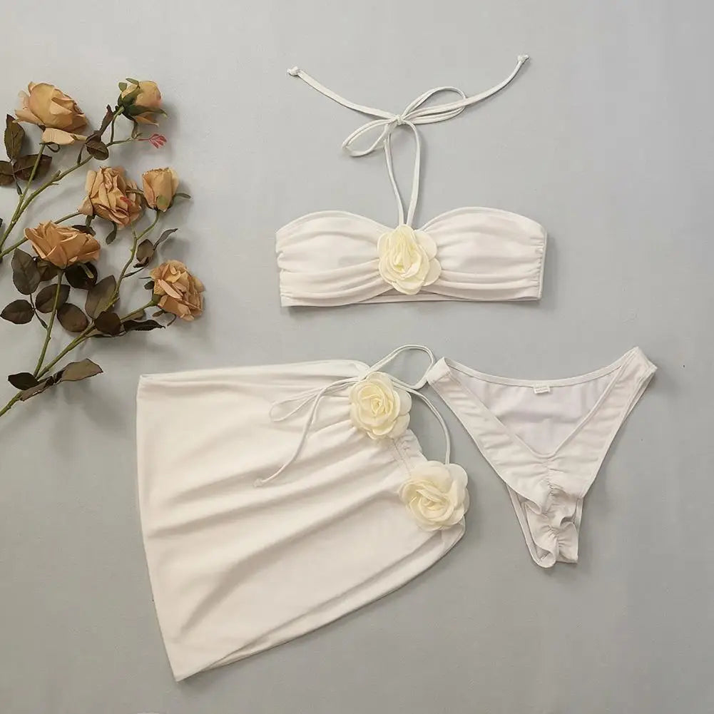 Rose Flower Decor Halter Overskirt Swimsuit