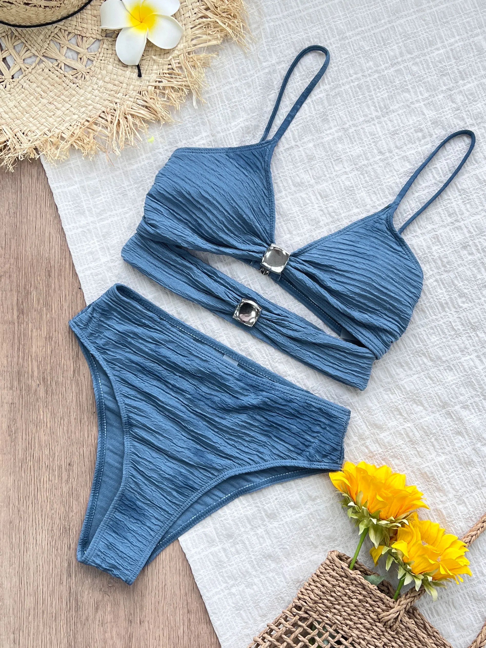Two Piece High Leg Bikini with Metalic Accent
