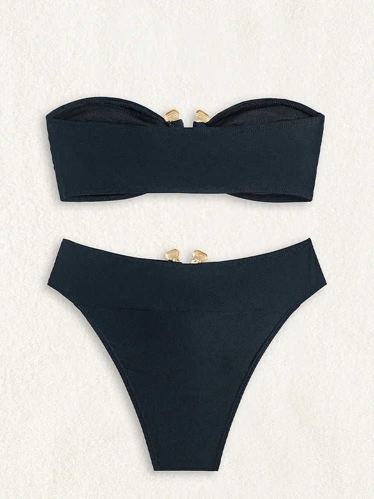 Strapless Solid Split High Waist Swimsuit