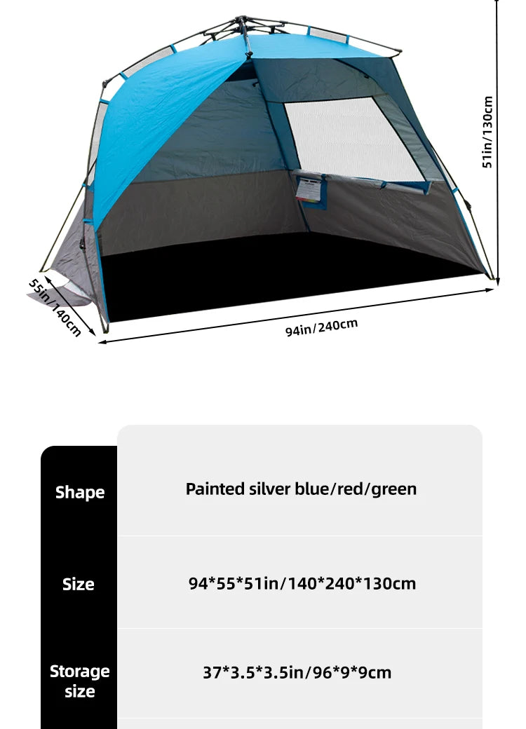 Outdoor 3-4P One-Touch Camping Tent Quick Automatic Opening Beach Fishing Tent Family Travel Picnic Park Anti-UV Shade